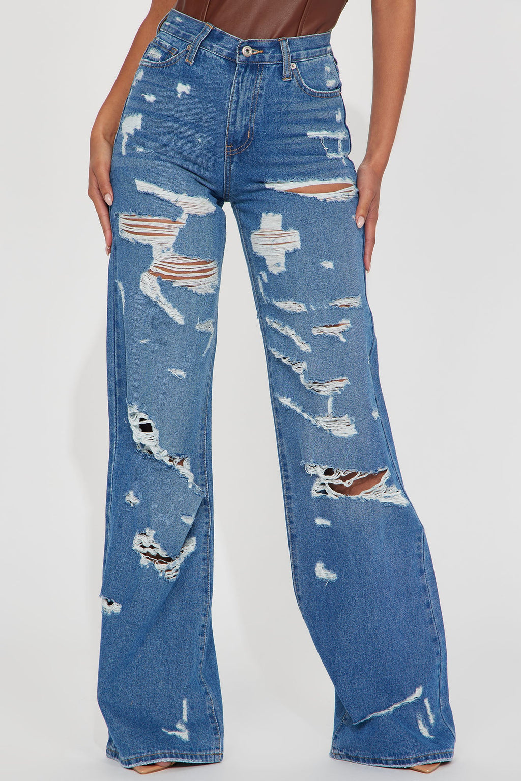 Tall Super Destroyed Wide Leg Jeans - Medium Blue Wash