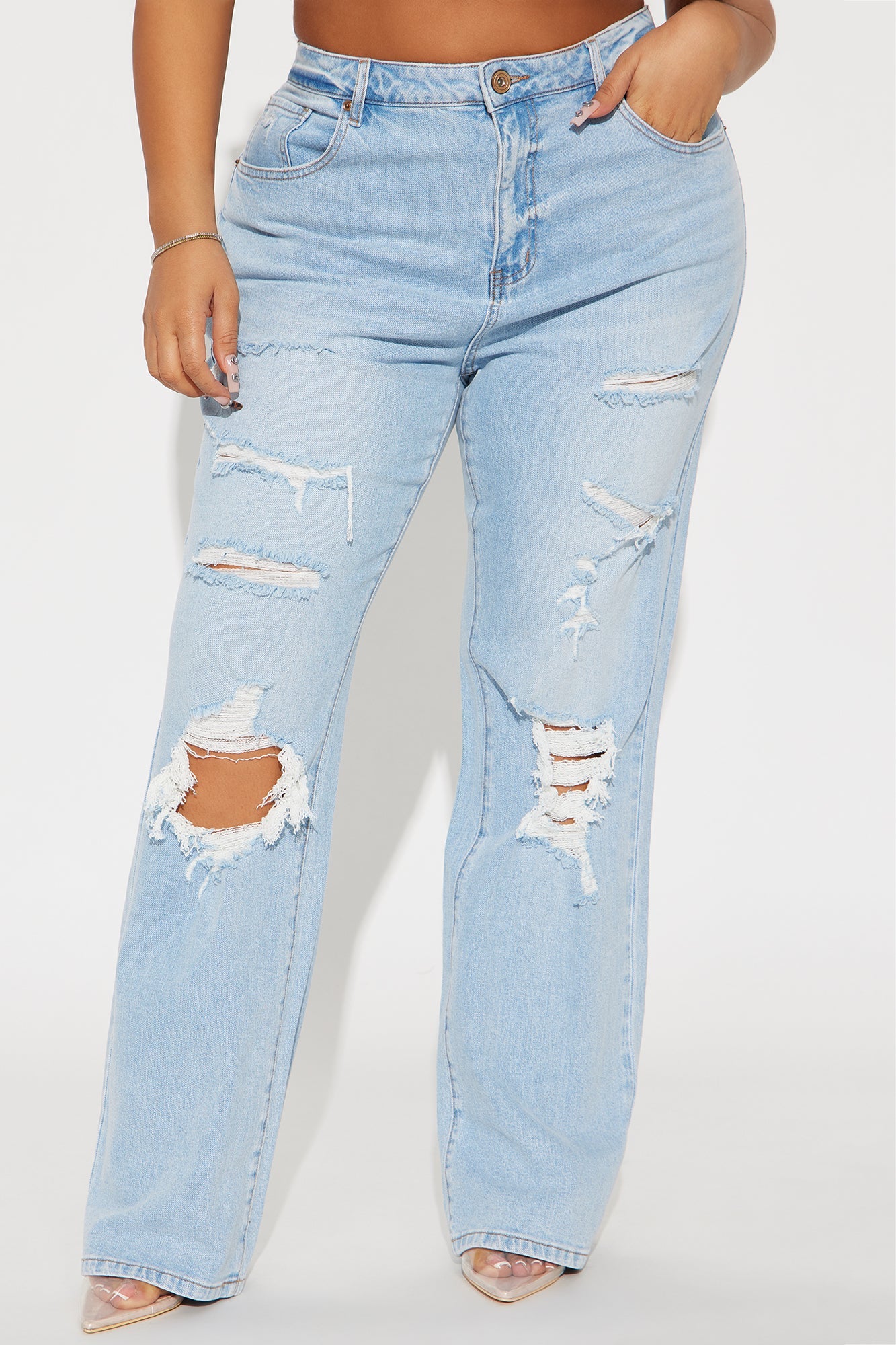 Posted Stretch Ripped Straight Leg Jeans - Light Wash