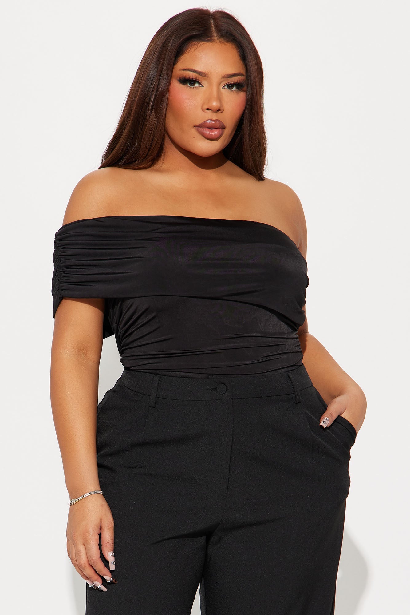 Reese Off Shoulder Ruched Bodysuit - Black