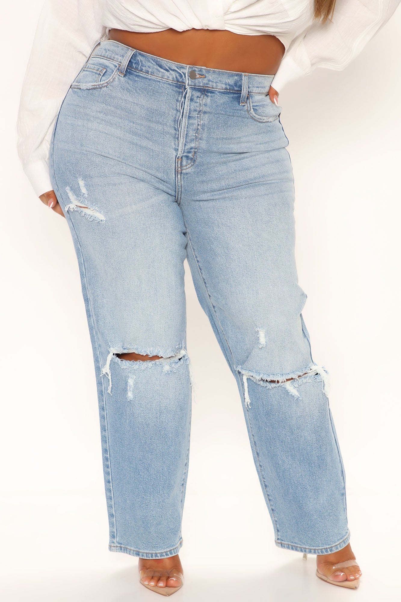 As You Please Ripped Straight Leg Jeans - Light Blue Wash