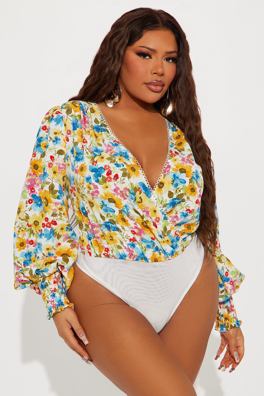 Floral Delight Surplice Bodysuit - Ivory/combo