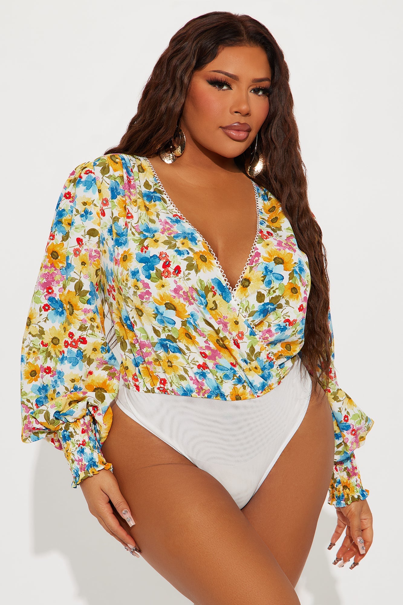 Floral Delight Surplice Bodysuit - Ivory/combo