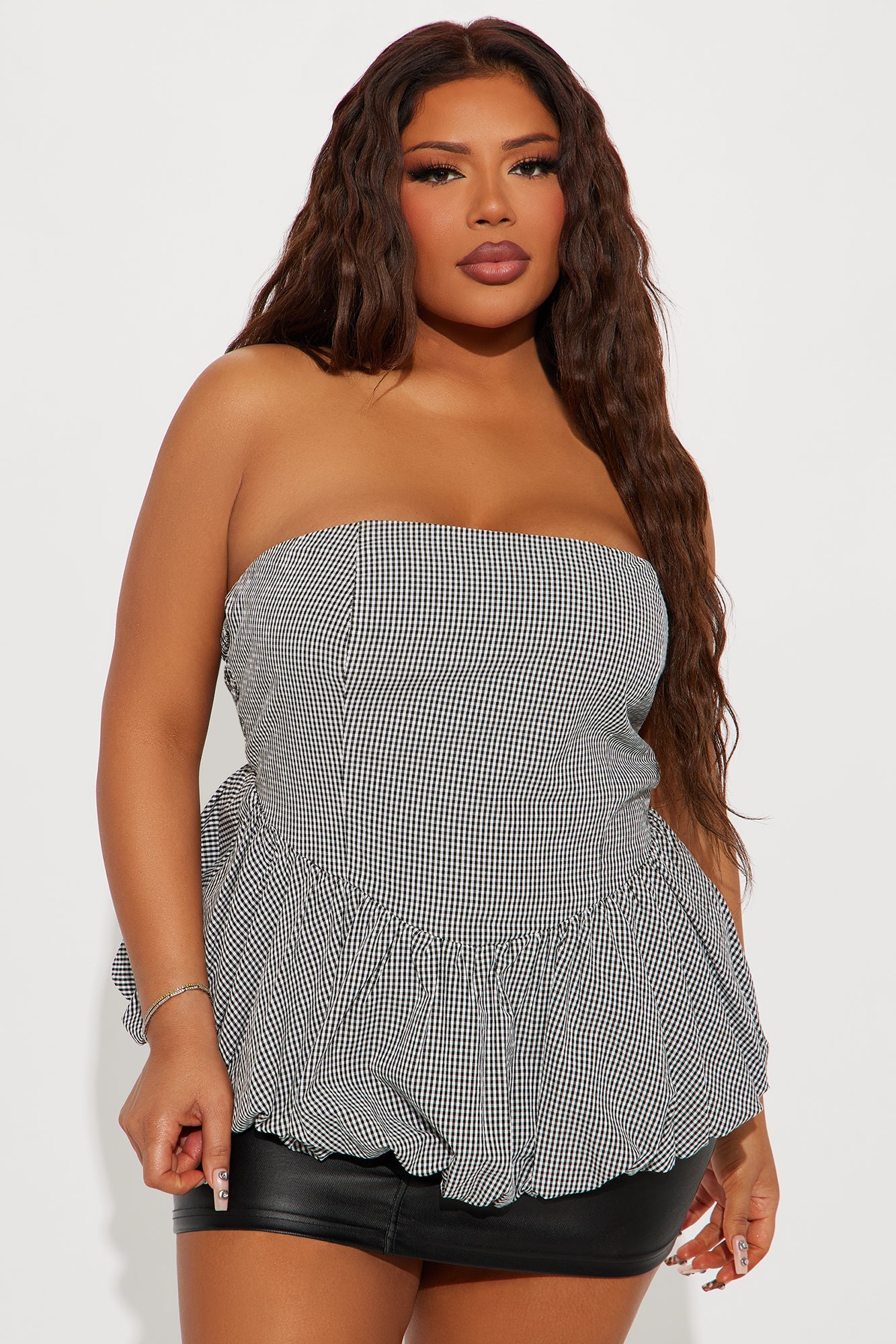 Sweet Honey Gingham Bubble Hem Top - Black/White