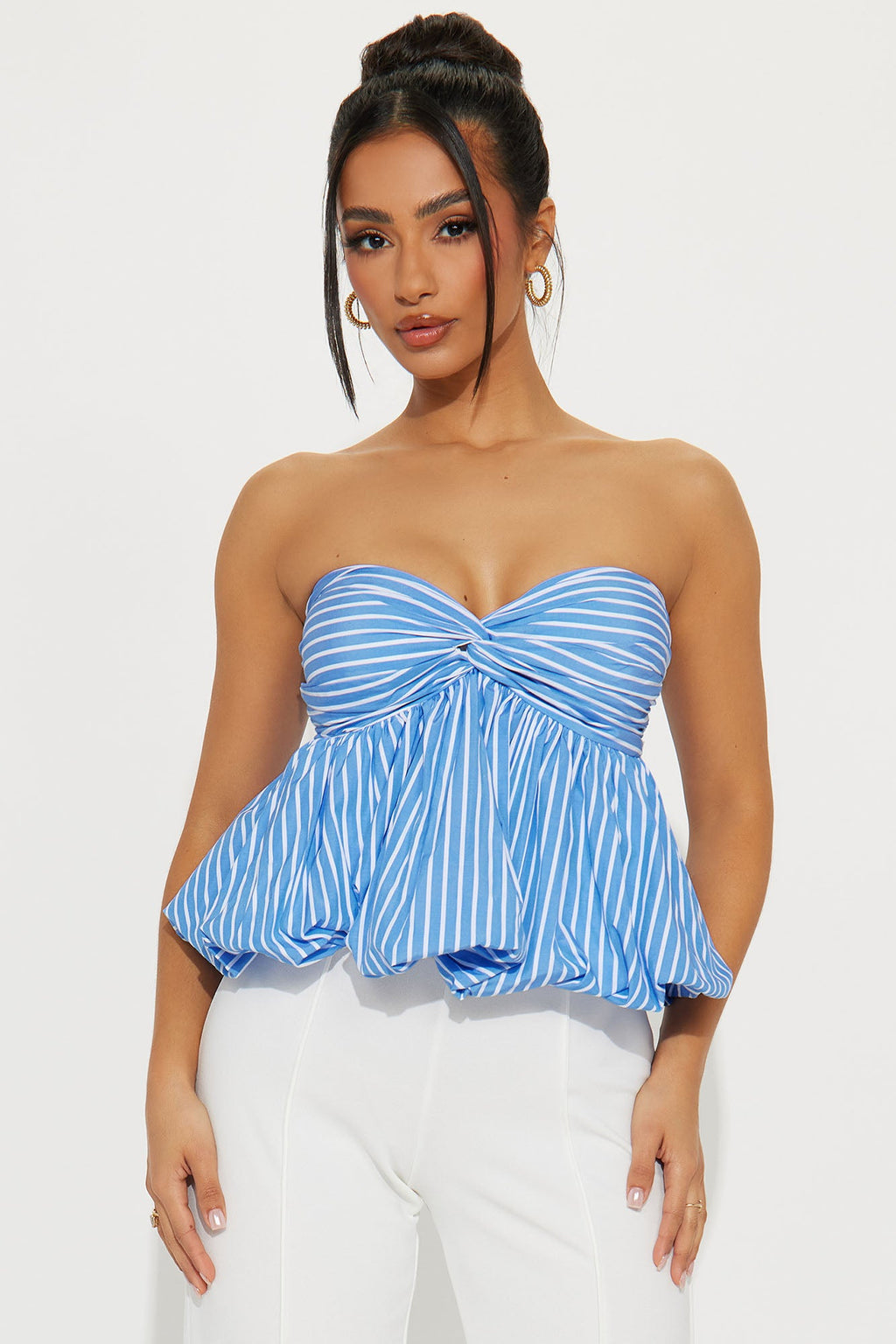 Mika Striped Bubble Hem Top - Blue/combo