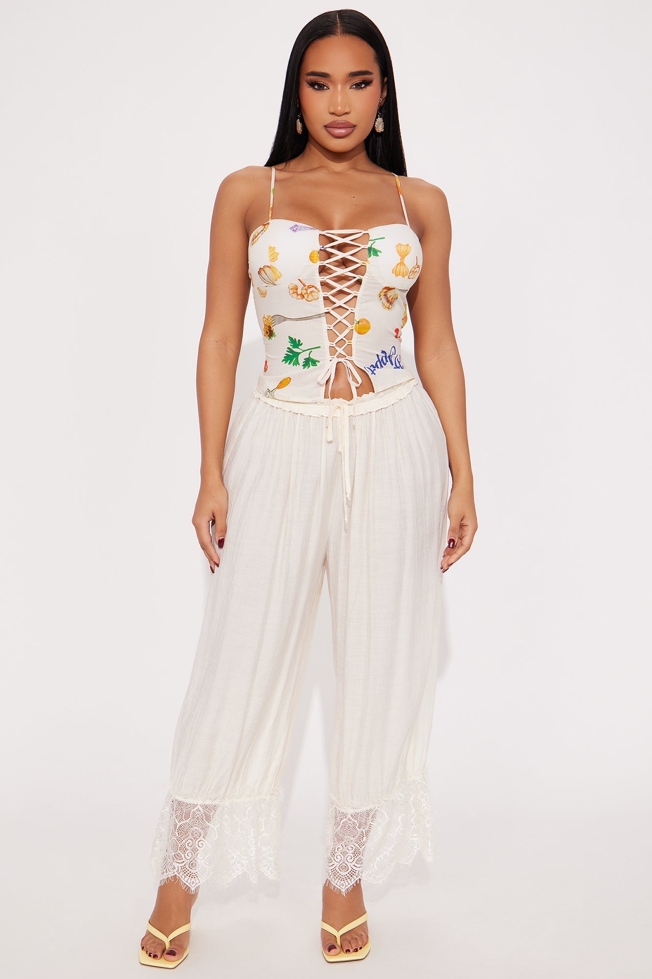 Full Course Meal Lace Up Top - Off White/combo