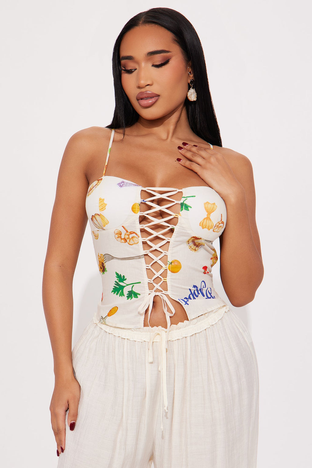Full Course Meal Lace Up Top - Off White/combo