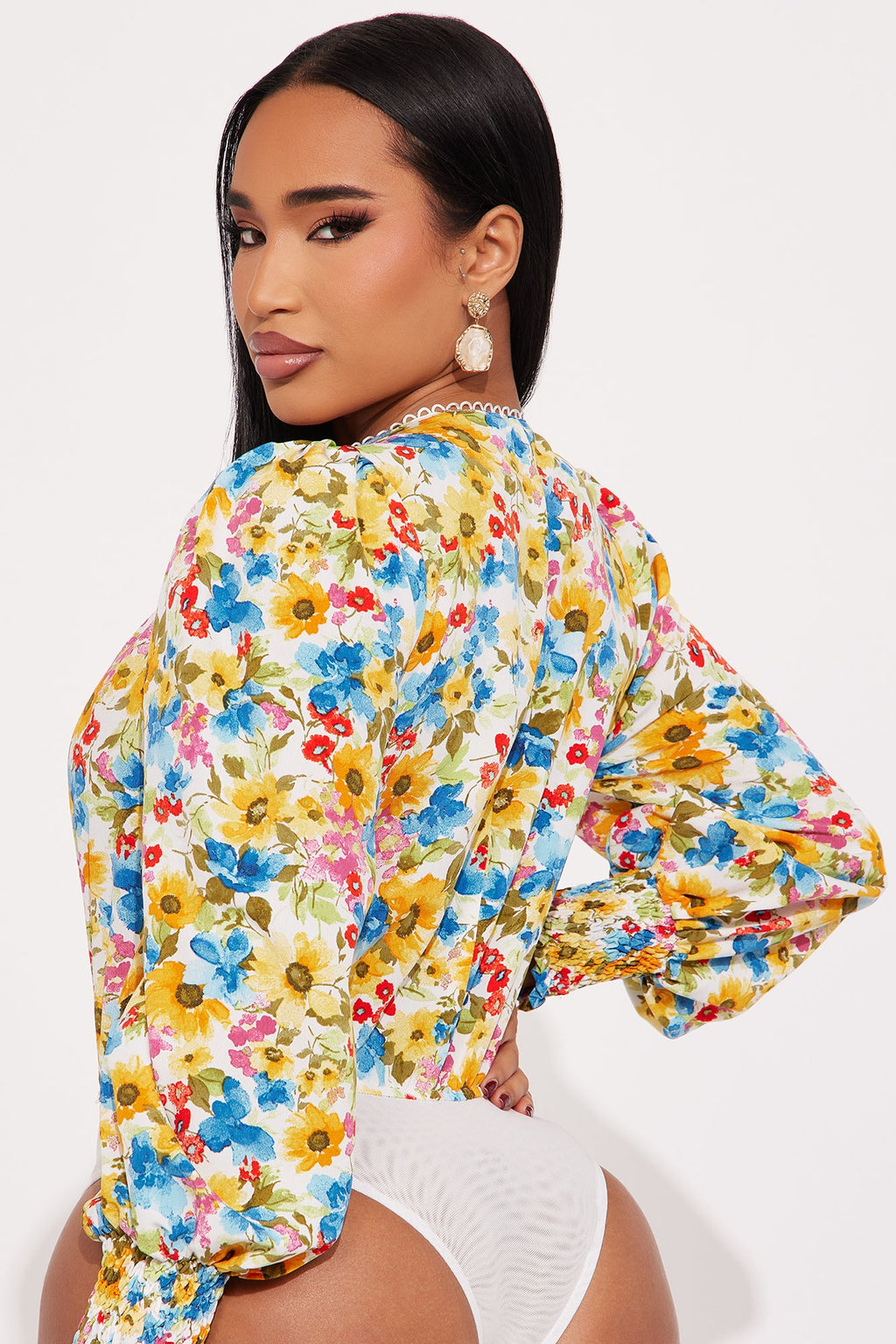 Floral Delight Surplice Bodysuit - Ivory/combo