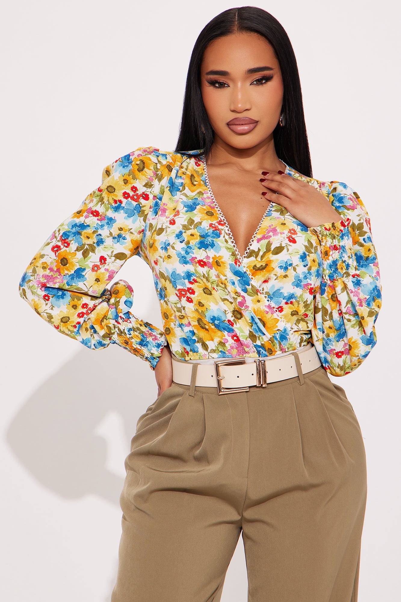 Floral Delight Surplice Bodysuit - Ivory/combo