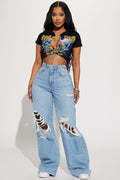 Not A Chance Ripped Non Stretch Wide Leg Jeans - Light Wash
