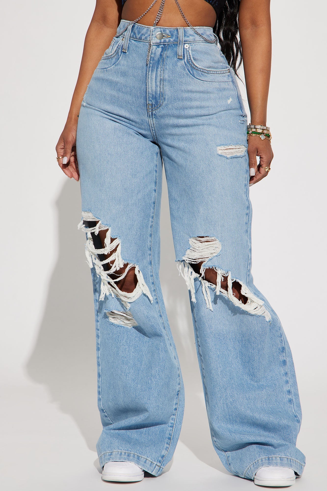 Not A Chance Ripped Non Stretch Wide Leg Jeans - Light Wash