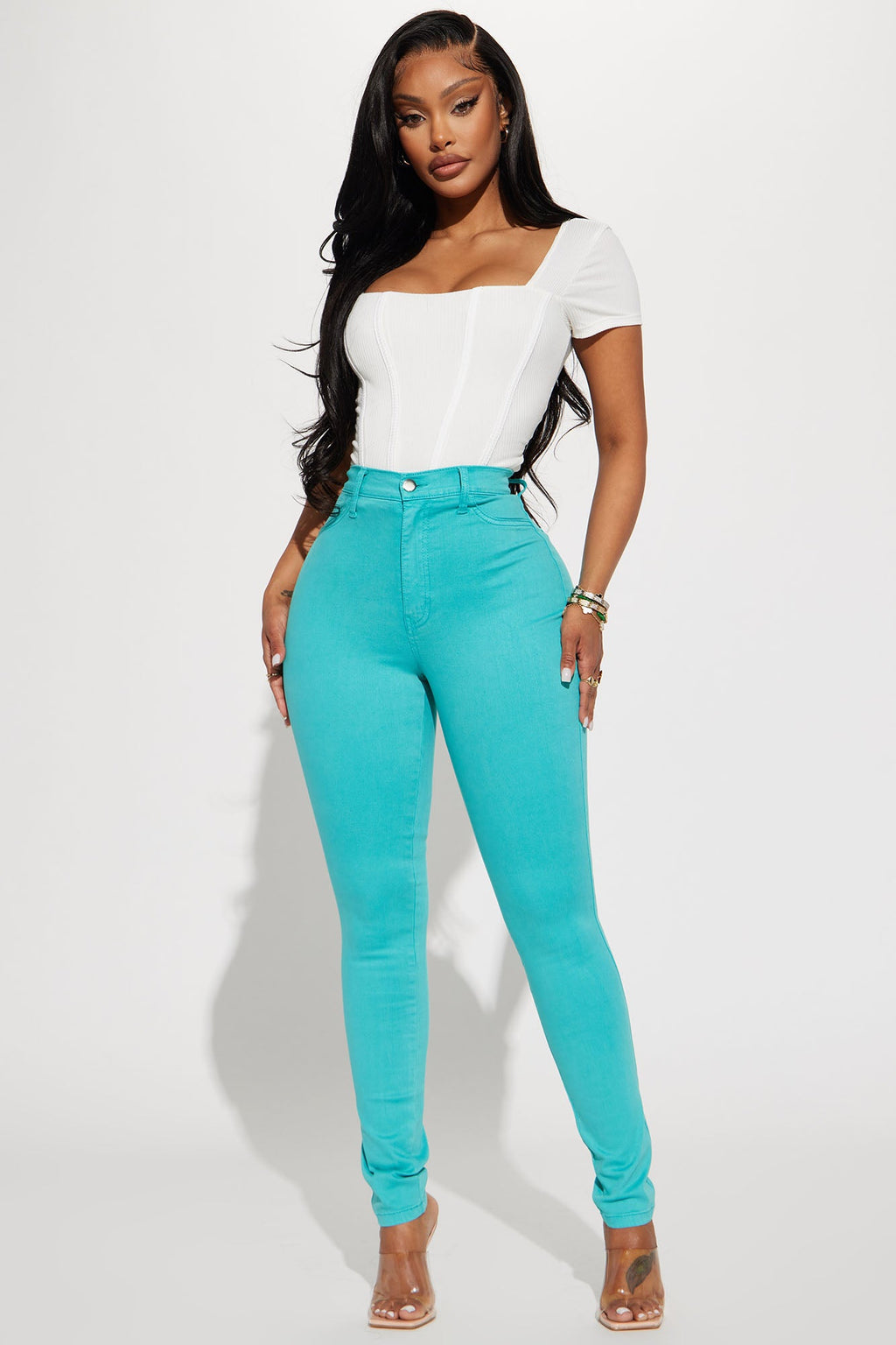 Classic Color High Waist Skinny Jeans - Aqua