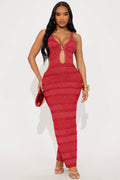 Ibiza Metallic Crochet Maxi Dress - Red