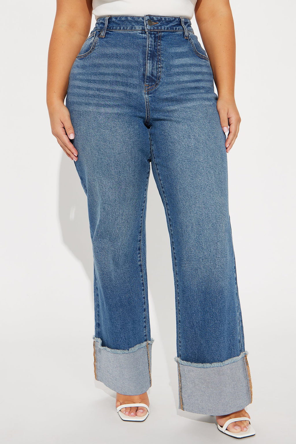 All The While Cuffed Wide Leg Jeans - Medium Wash