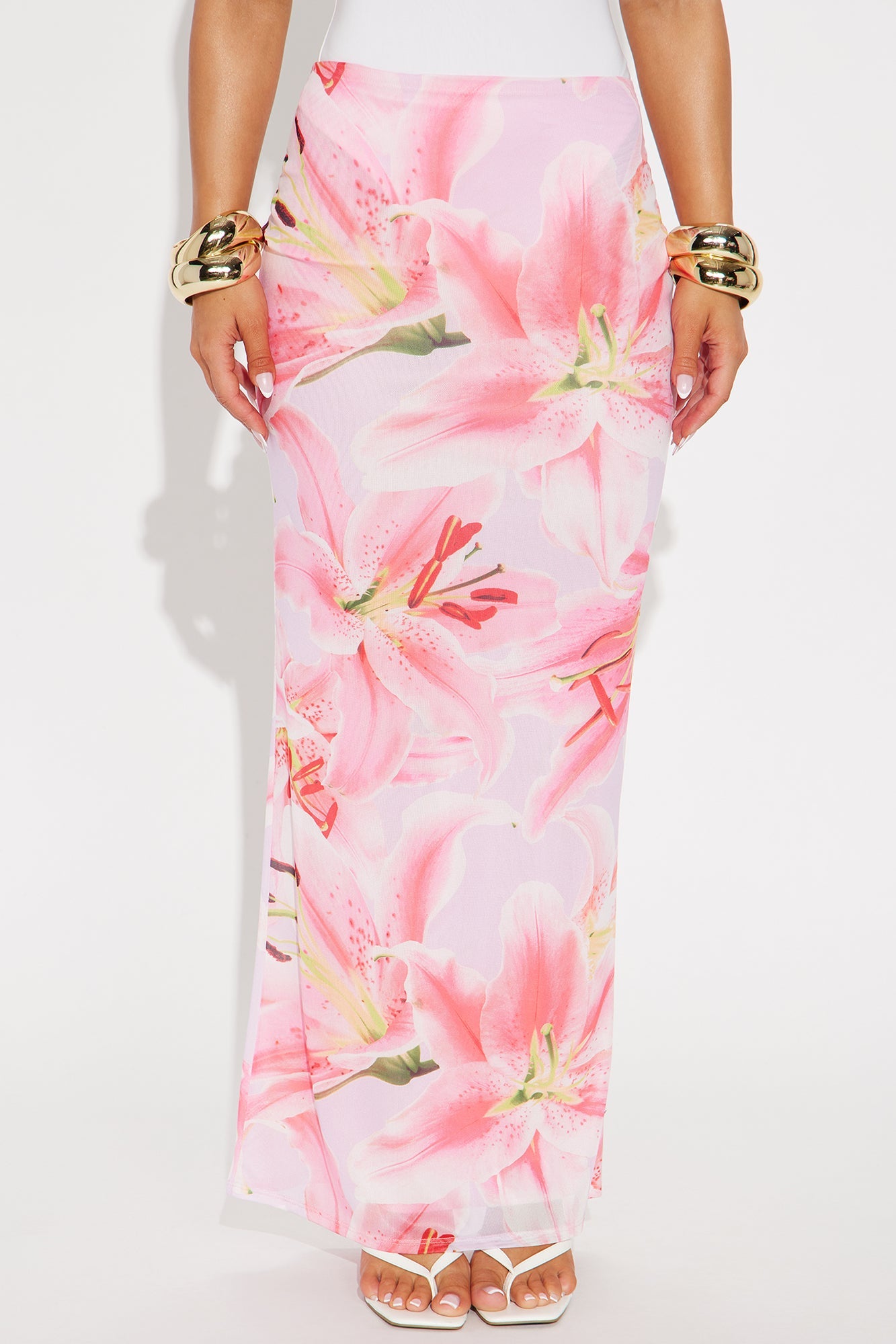 Late Nights In Santorini Floral Mesh Maxi Skirt - Pink/combo