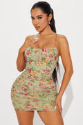 Floral Mesh Mini Dress - Green