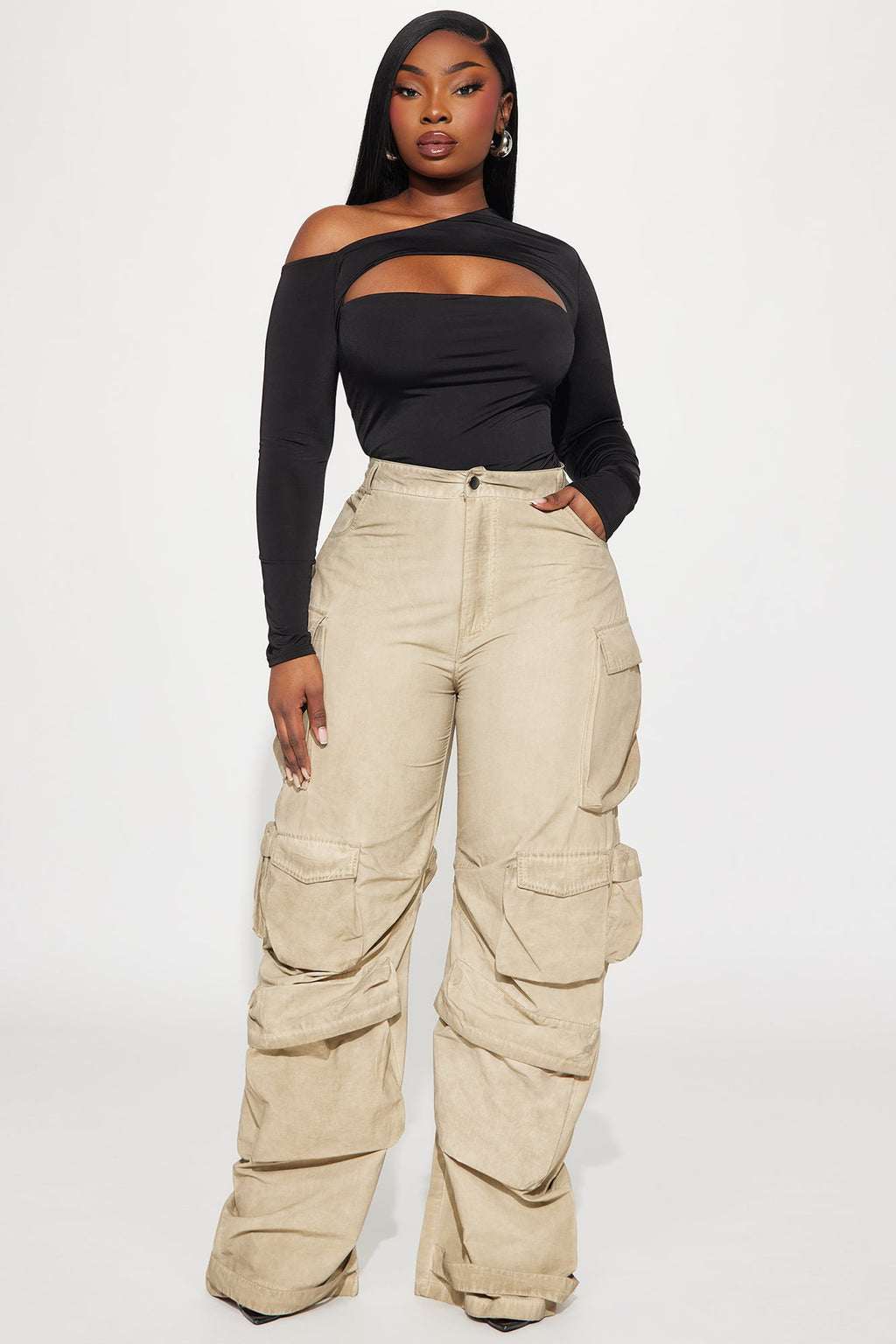 Talk It Up Oversized Distressed Washed Cargo Pant - Khaki