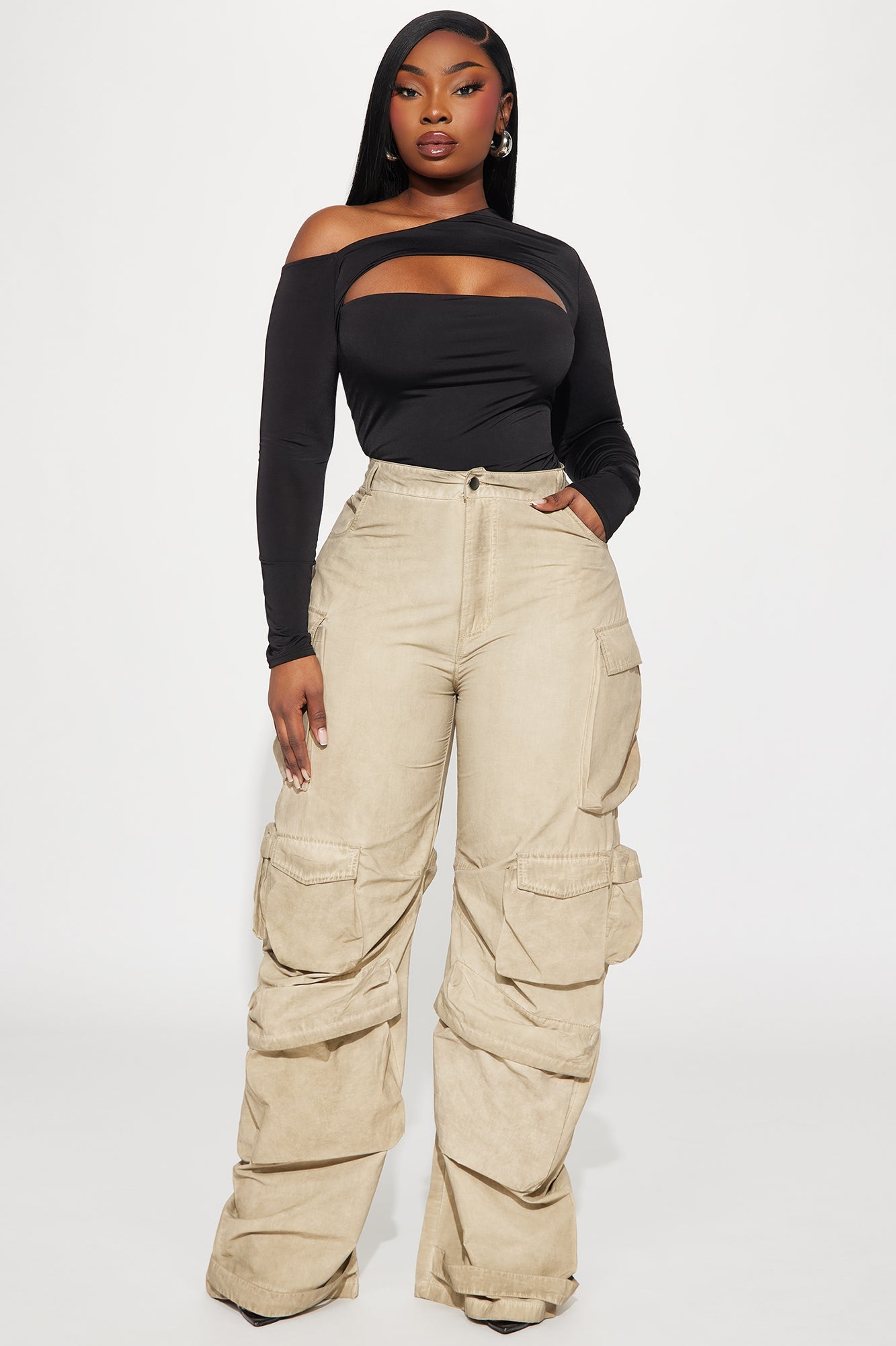 Talk It Up Oversized Distressed Washed Cargo Pant - Khaki