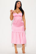 Sweet Magnolia Satin Midi Dress - Pink