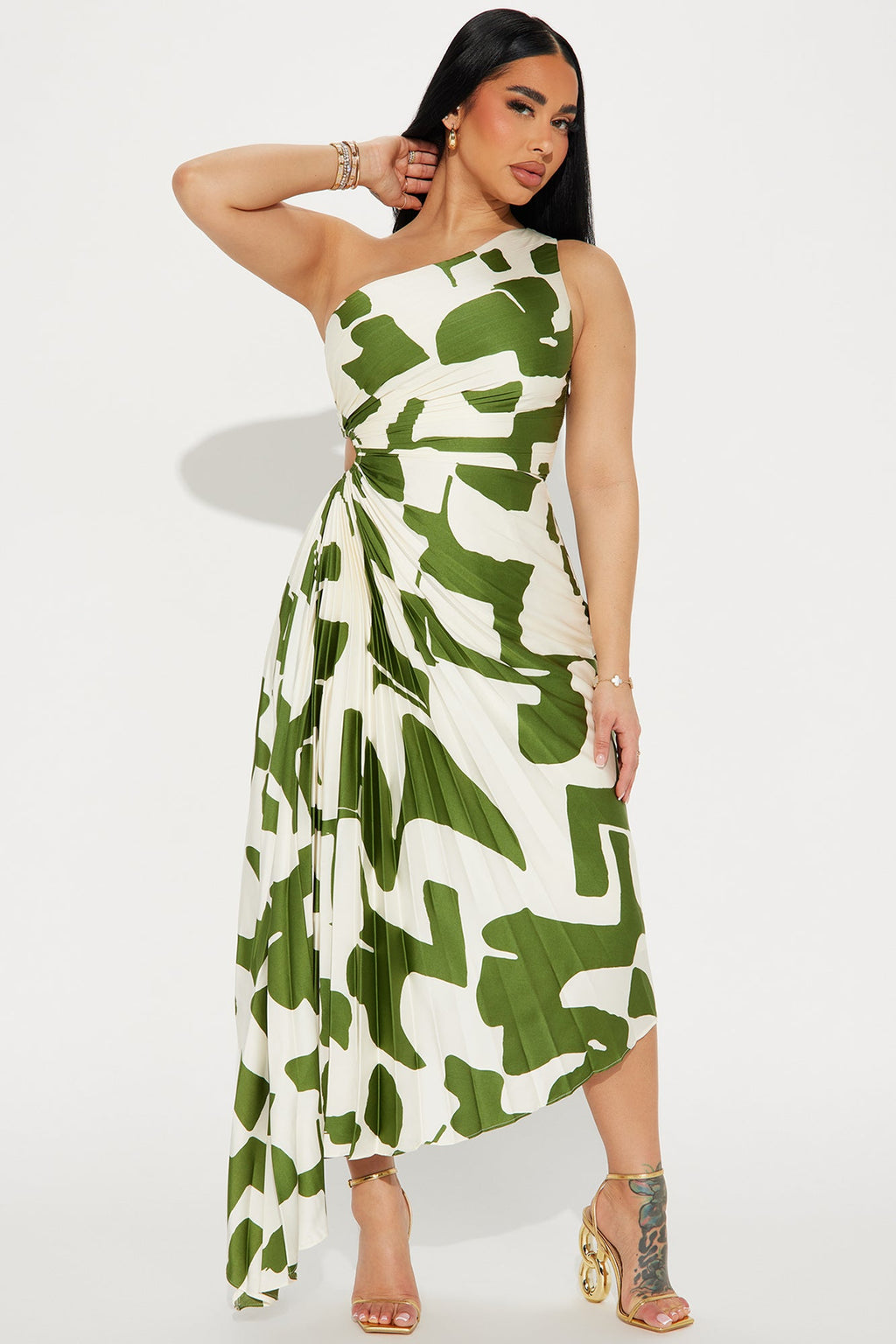 Tia Satin Midi Dress - Green/combo