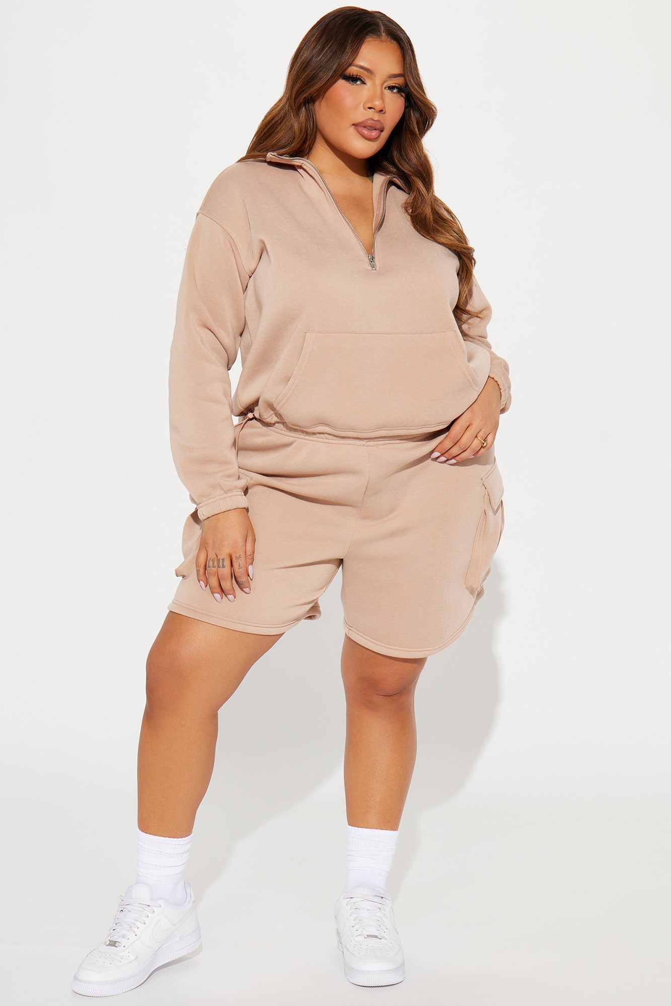 Carrie Fleece Cargo Short Set - Taupe