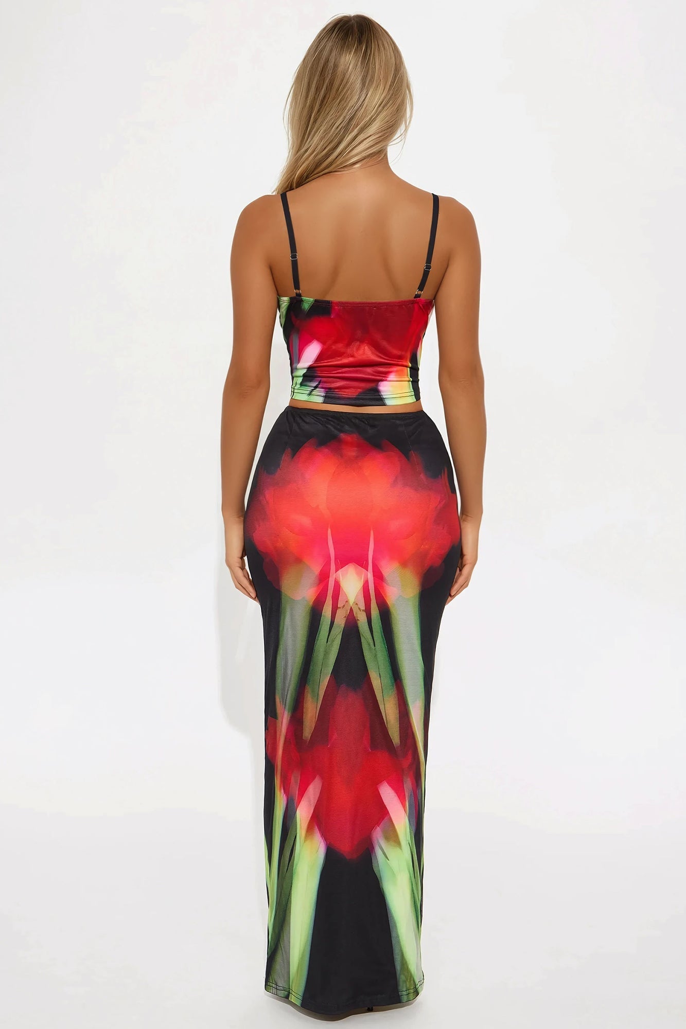 Reckless Romance Mesh Maxi Skirt Set - Red/Black