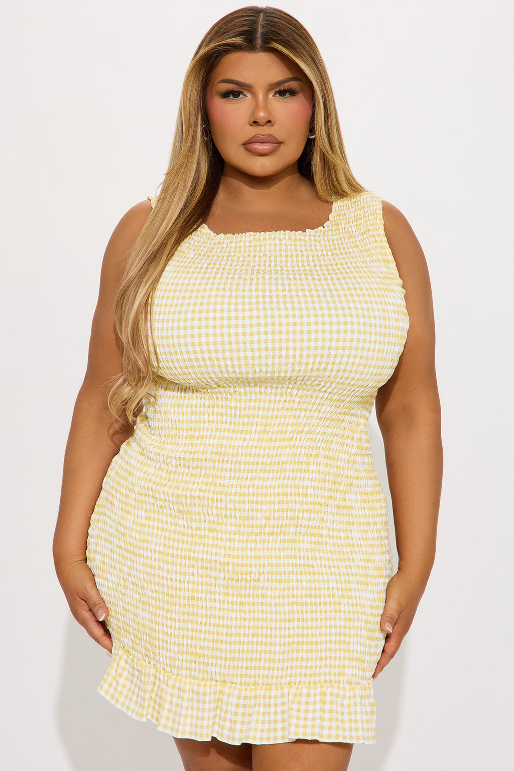Saffie Smocked Gingham Micro Mini Dress - Yellow