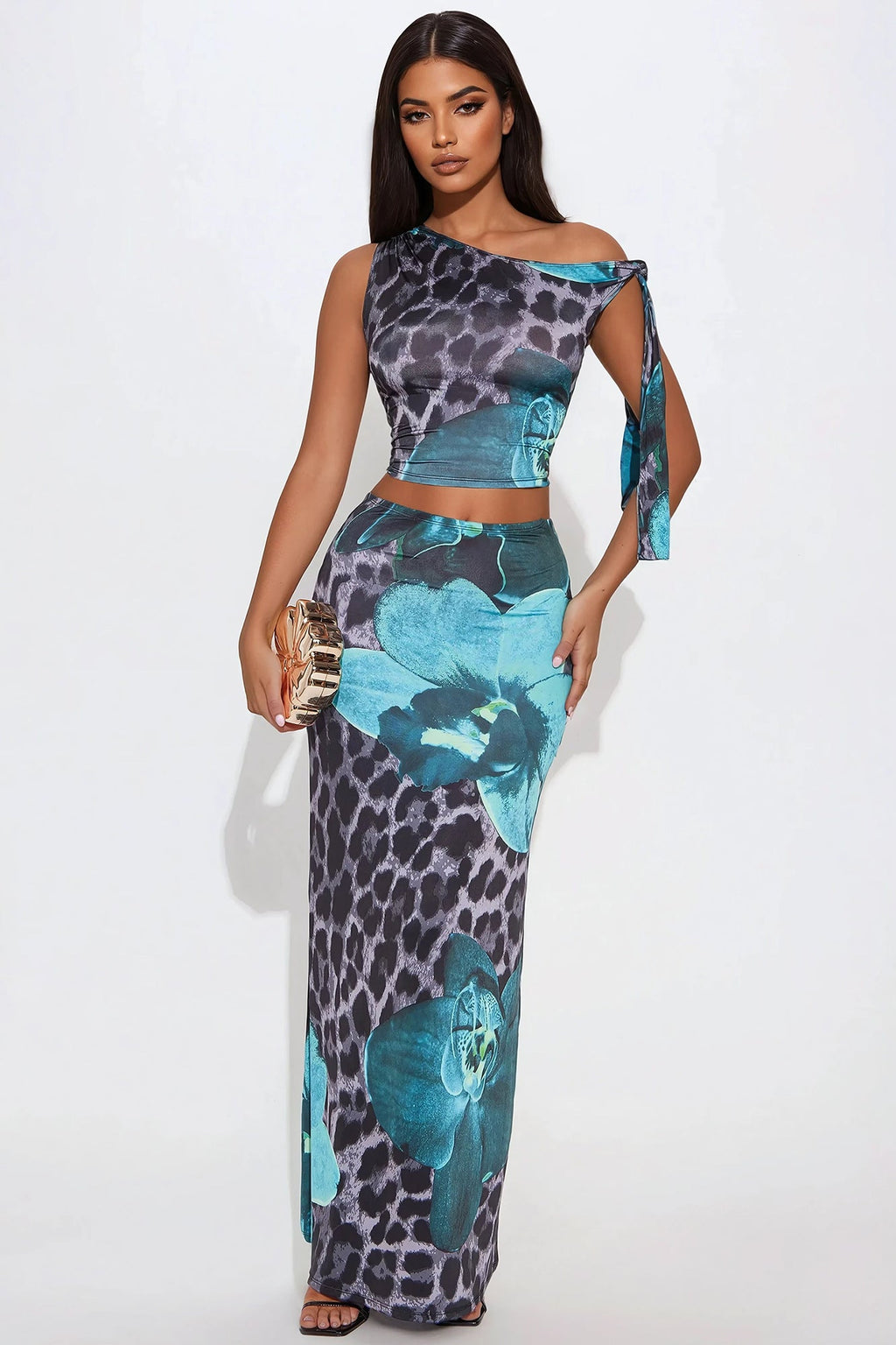 On The Prowl Leopard Skirt Set - Aqua/Combo