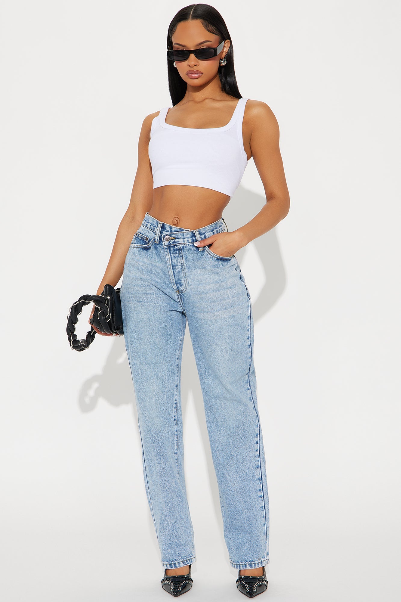 90s Crossover Straight Leg Jeans - Light Blue