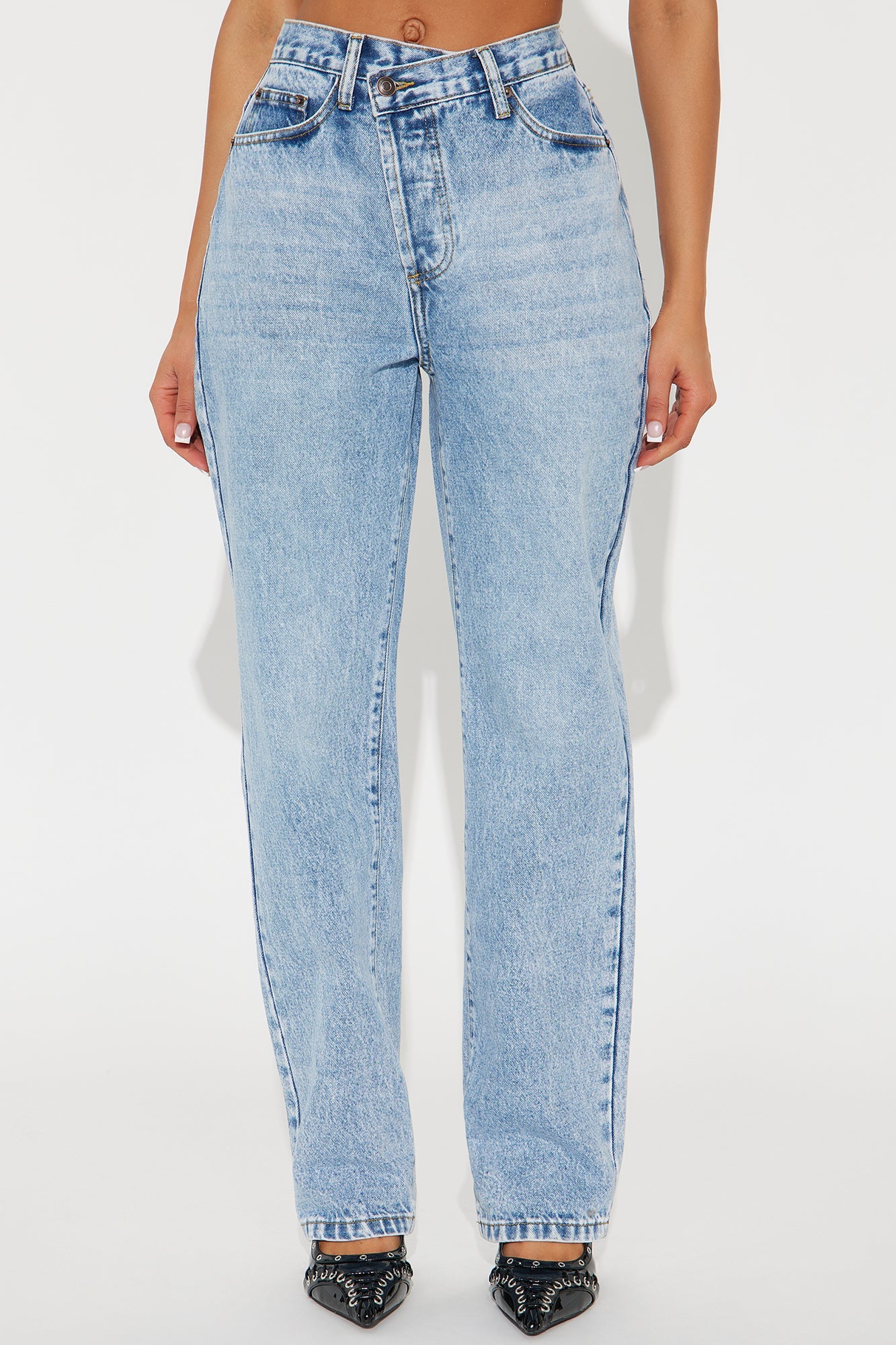 90s Crossover Straight Leg Jeans - Light Blue