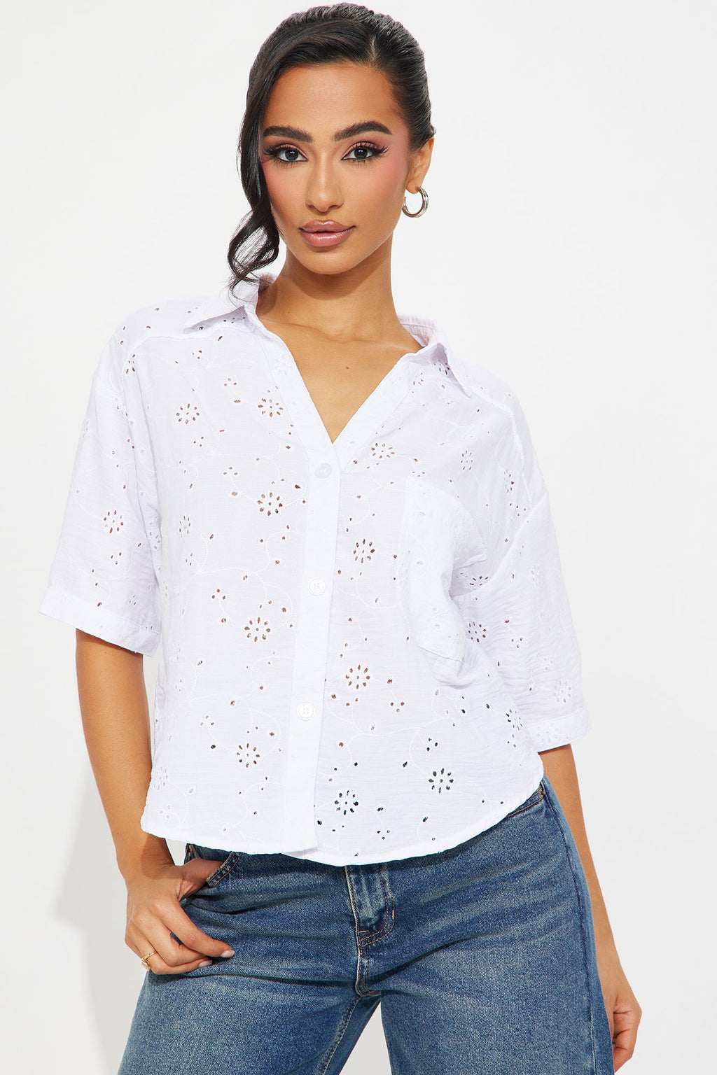 Life Is Breezy Short Sleeve Eyelet Shirt - White