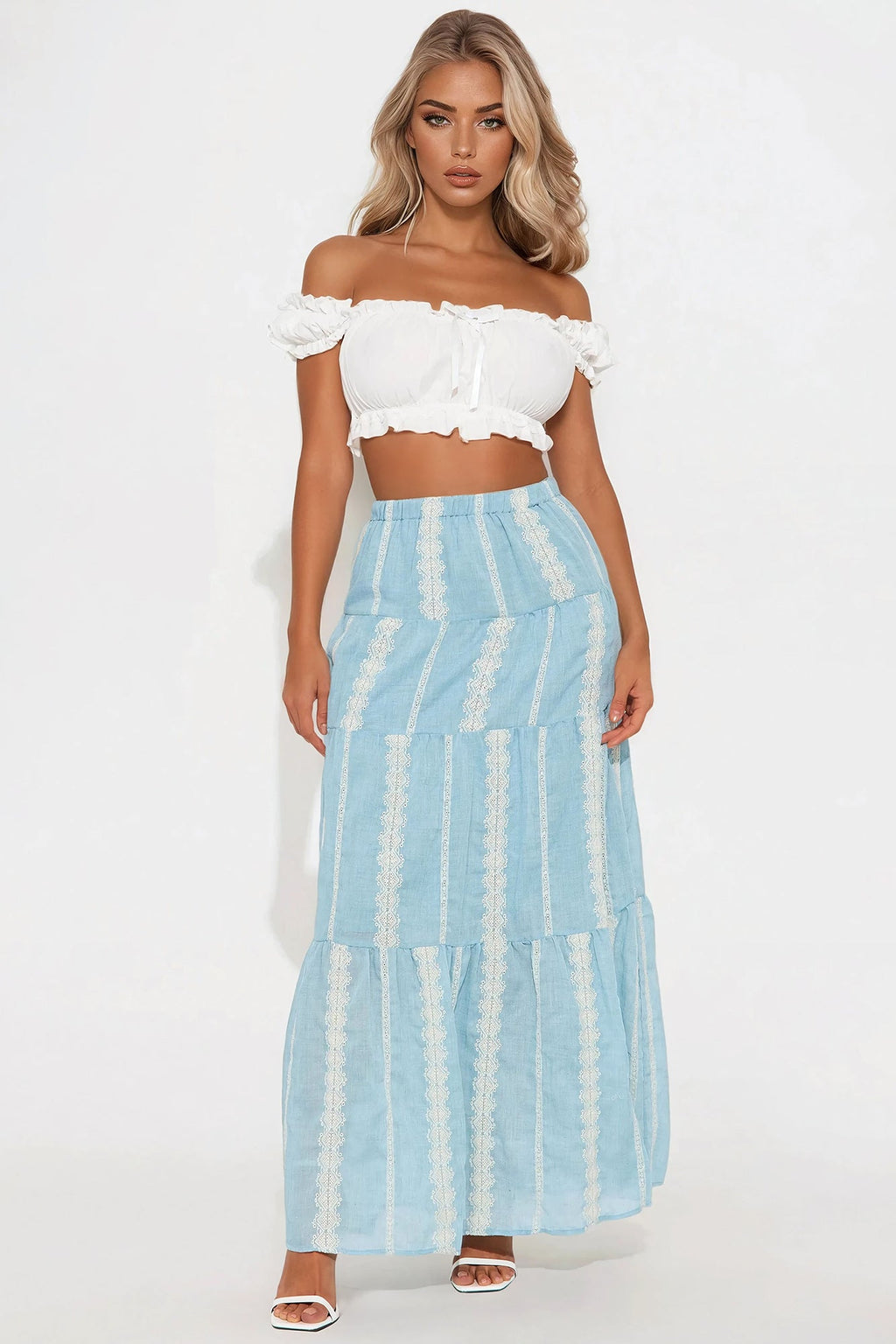 Nerina Embroidered Tiered Maxi Skirt - Blue/combo