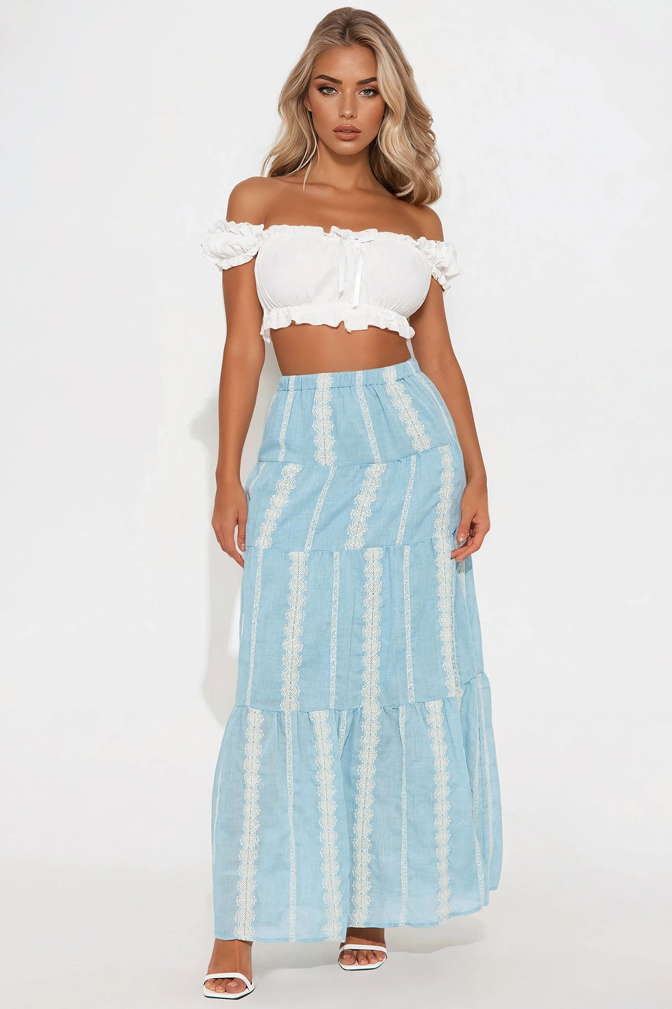 Nerina Embroidered Tiered Maxi Skirt - Blue/combo
