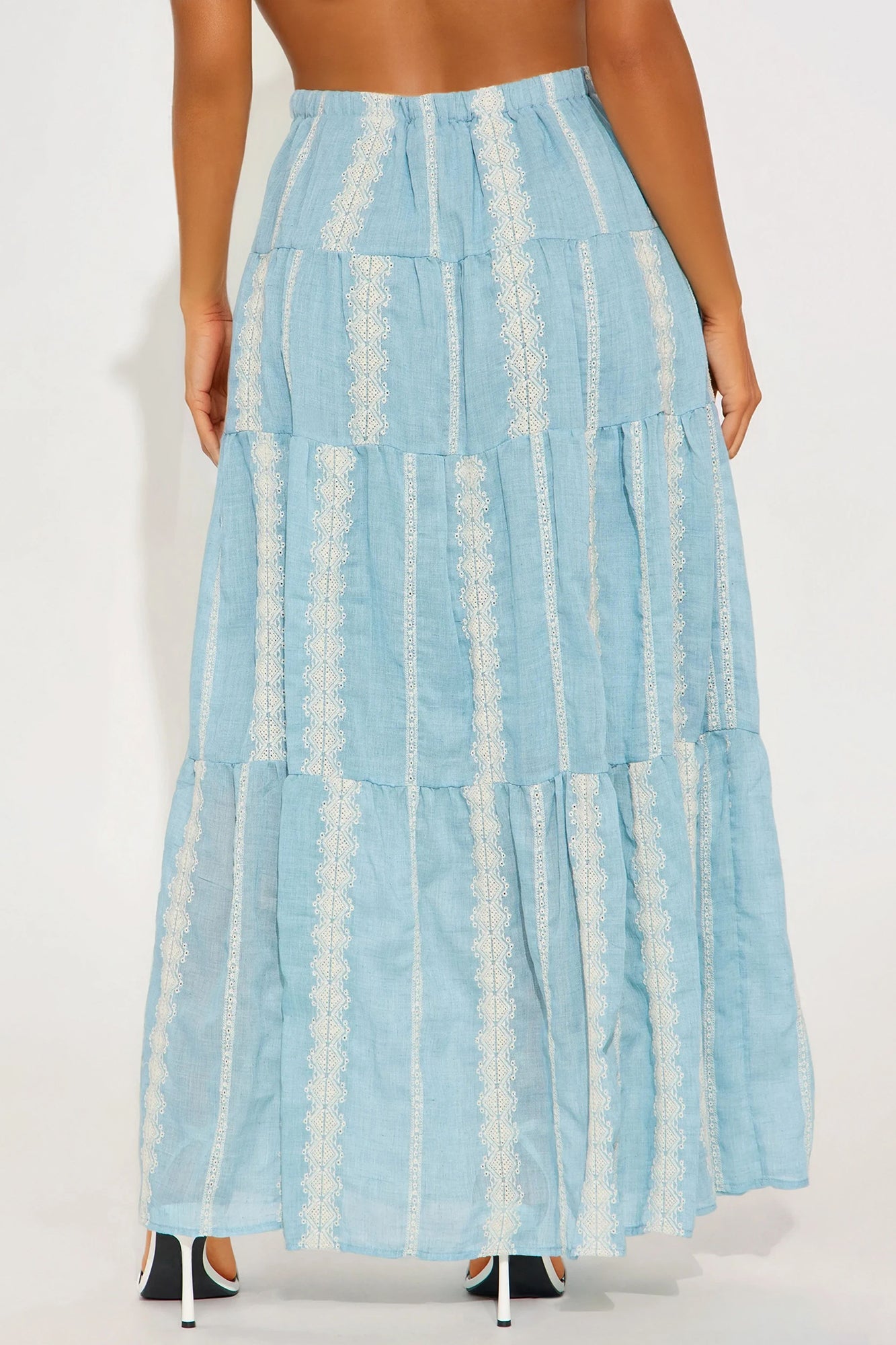 Nerina Embroidered Tiered Maxi Skirt - Blue/combo