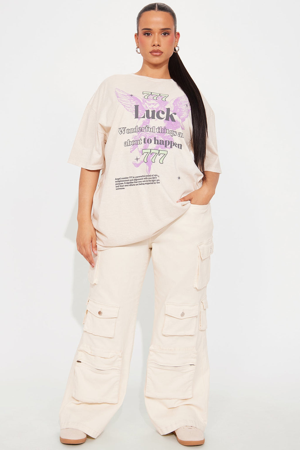 Angel Luck 777 Washed Oversized Tee - Natural