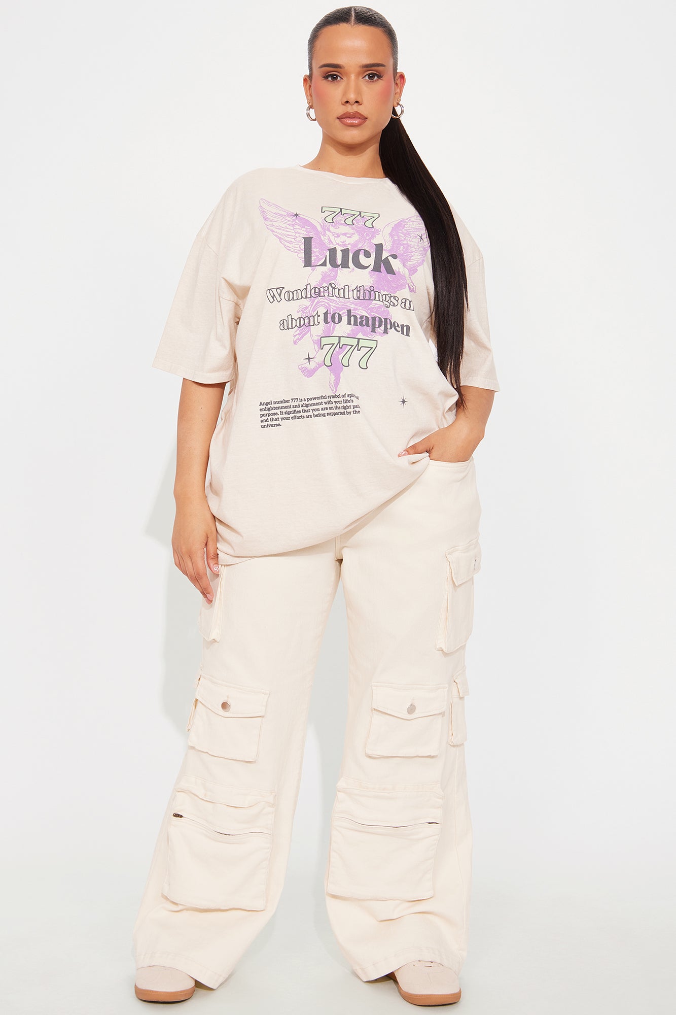 Angel Luck 777 Washed Oversized Tee - Natural