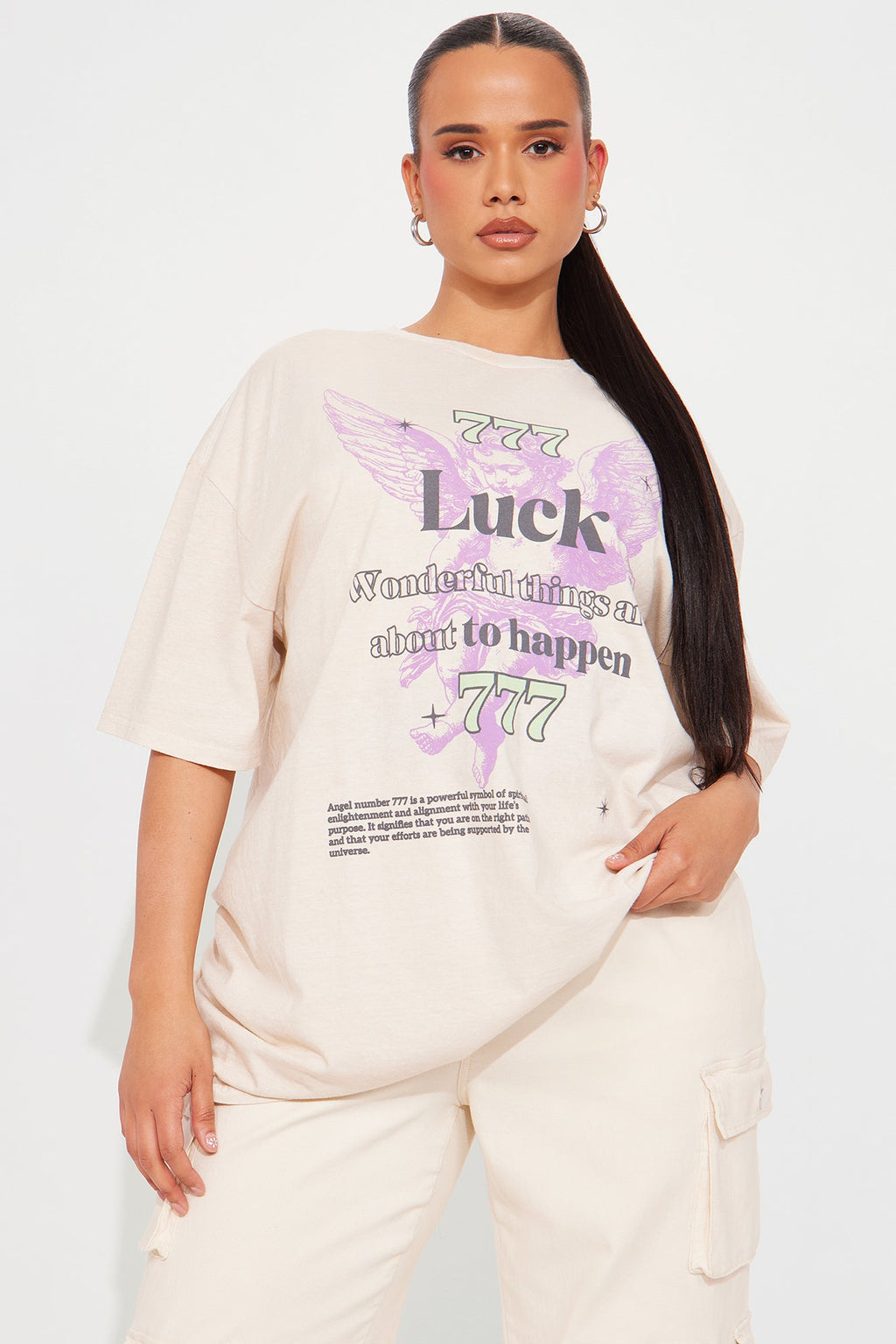 Angel Luck 777 Washed Oversized Tee - Natural