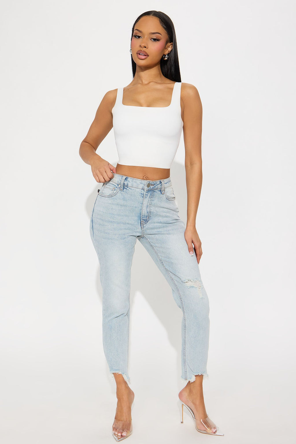 Time Out Crossover Distressed Vintage Ankle Jeans - Light Blue Wash