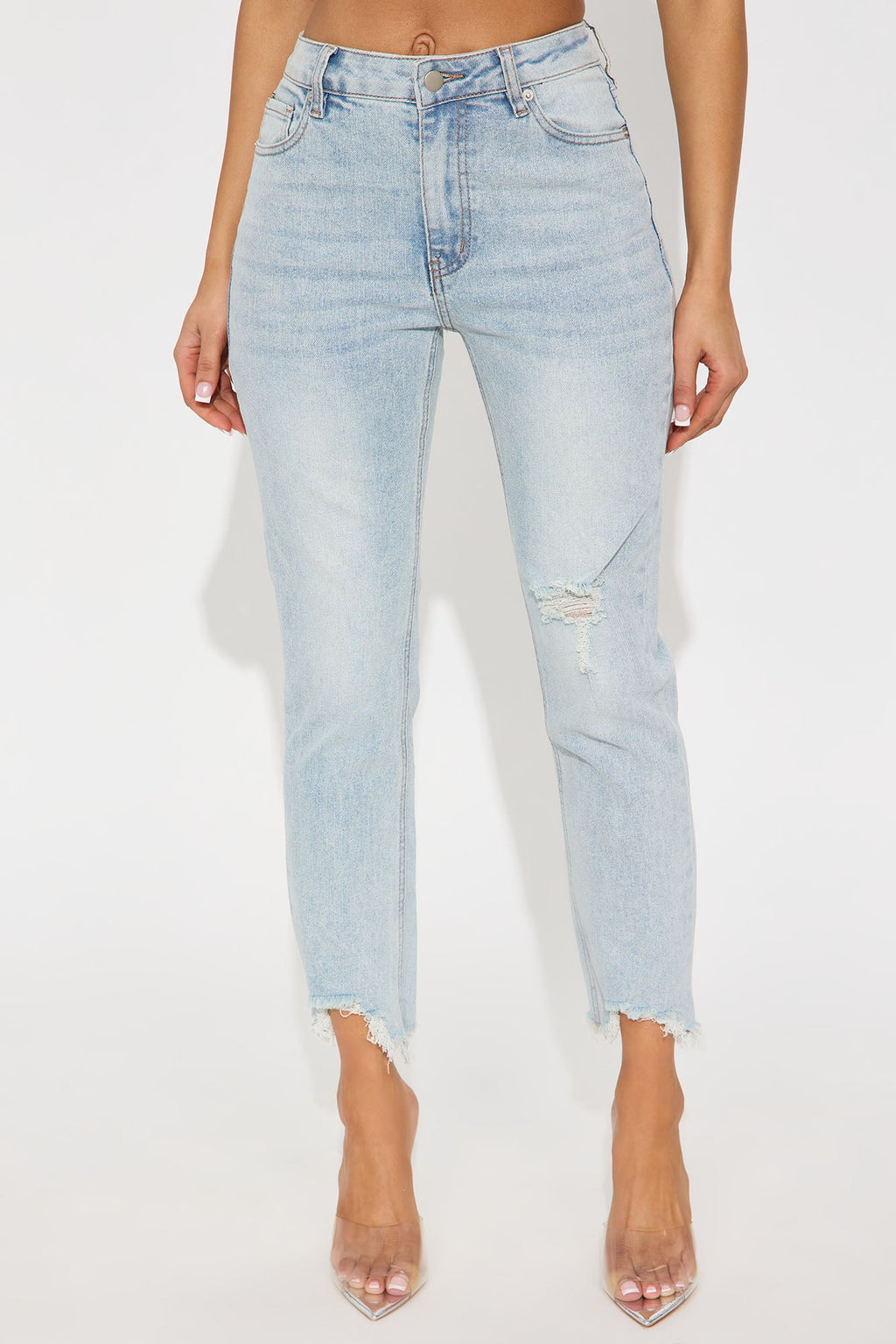 Time Out Crossover Distressed Vintage Ankle Jeans - Light Blue Wash