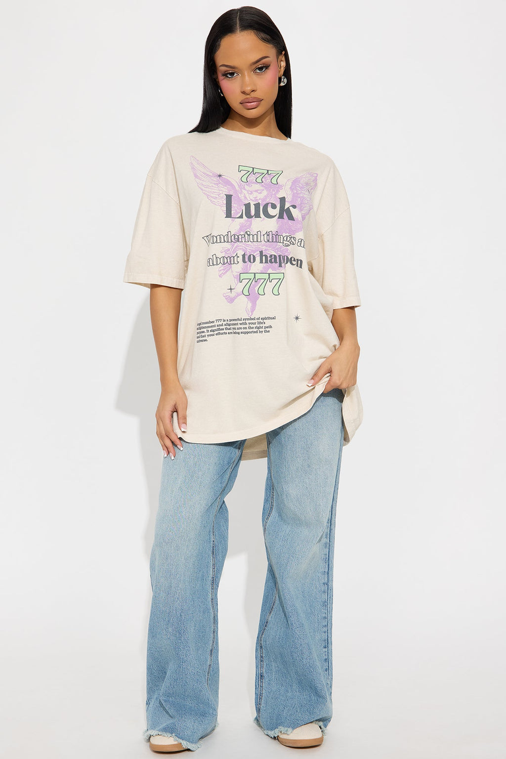 Angel Luck 777 Washed Oversized Tee - Natural