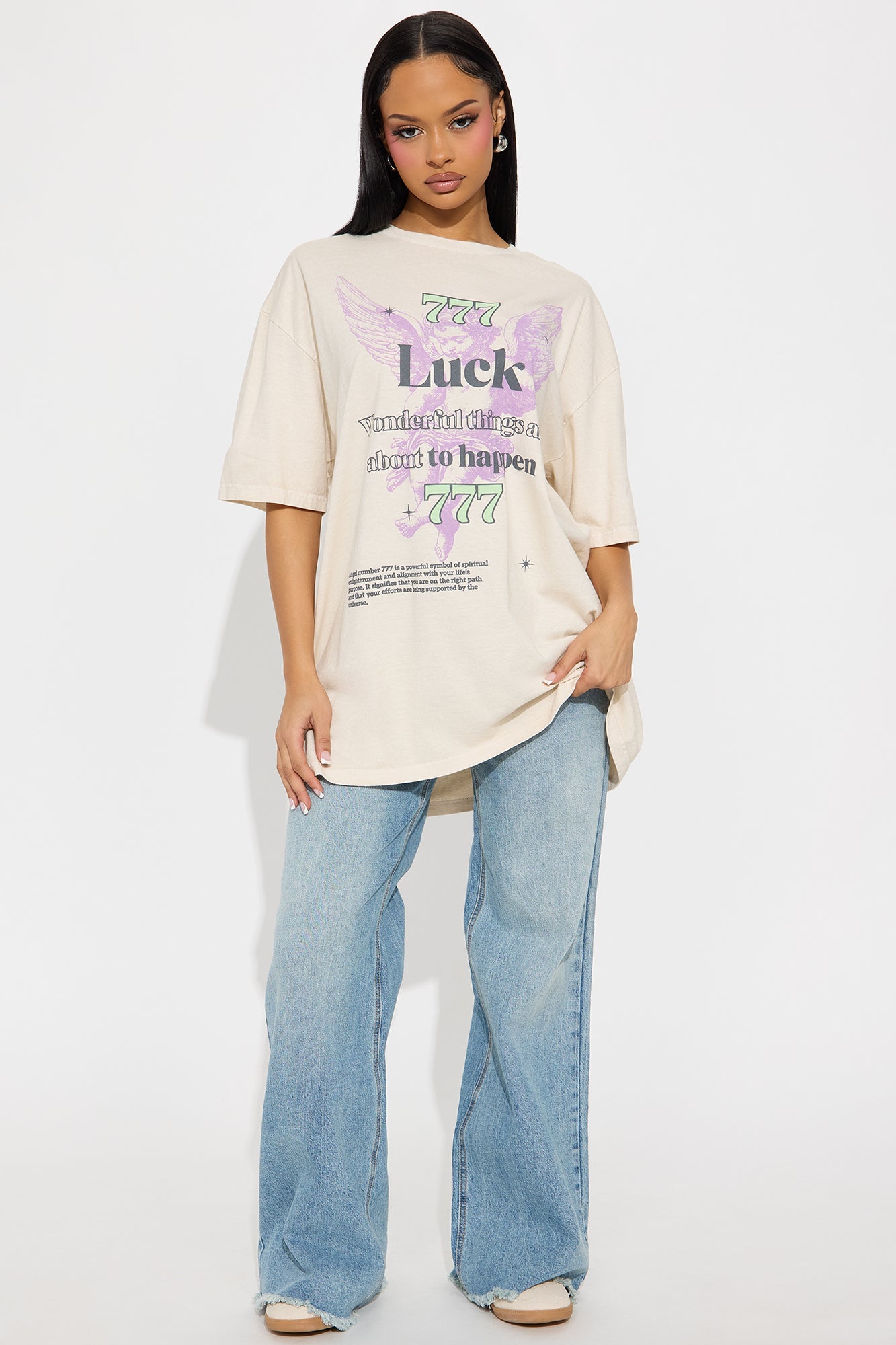 Angel Luck 777 Washed Oversized Tee - Natural