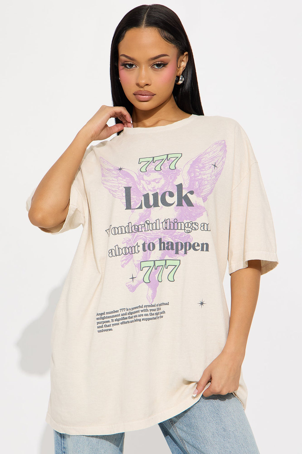 Angel Luck 777 Washed Oversized Tee - Natural