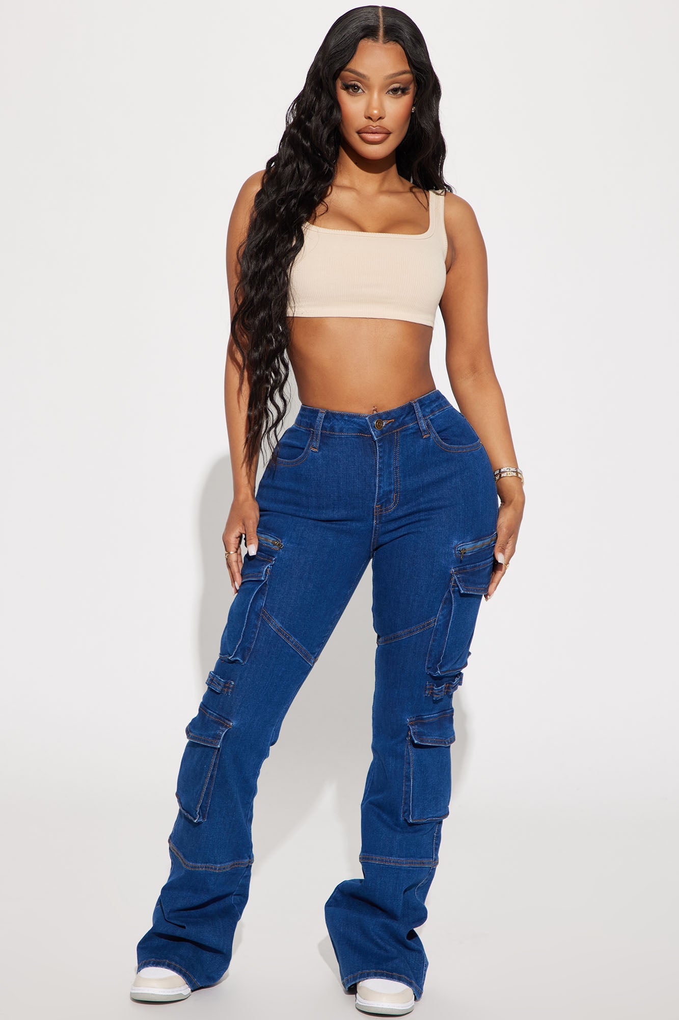 Warning You Mid Rise Stretch Flare Cargo Jean - Dark Wash