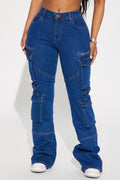 Warning You Mid Rise Stretch Flare Cargo Jean - Dark Wash