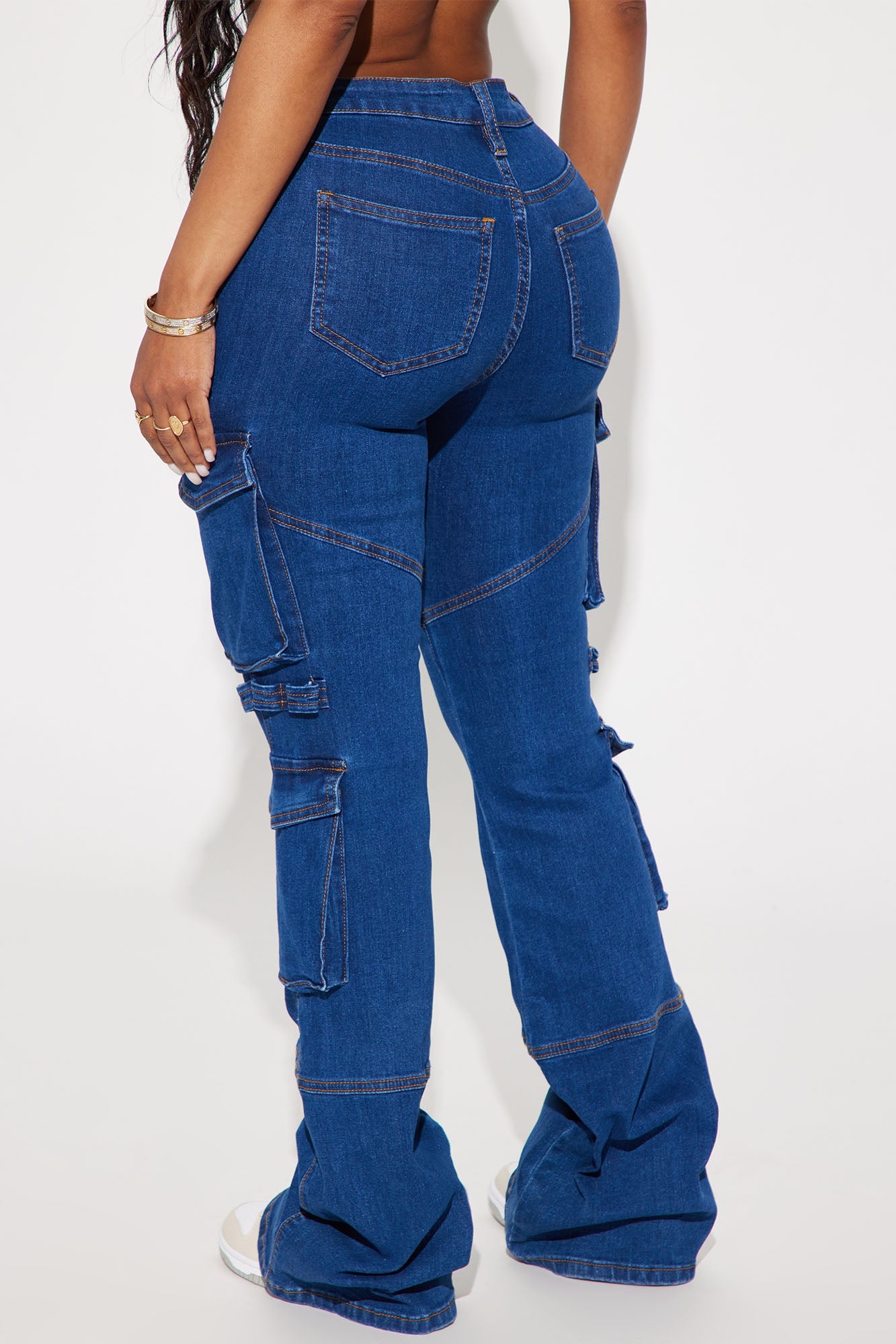 Warning You Mid Rise Stretch Flare Cargo Jean - Dark Wash