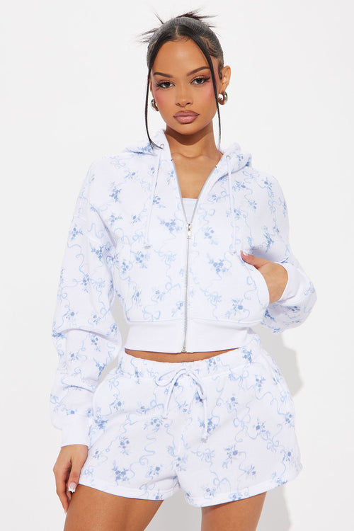 All The Flowers Fleece Short Set - White/combo