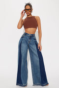 Know You Best Two Tone Wide Leg Jeans - Medium Wash
