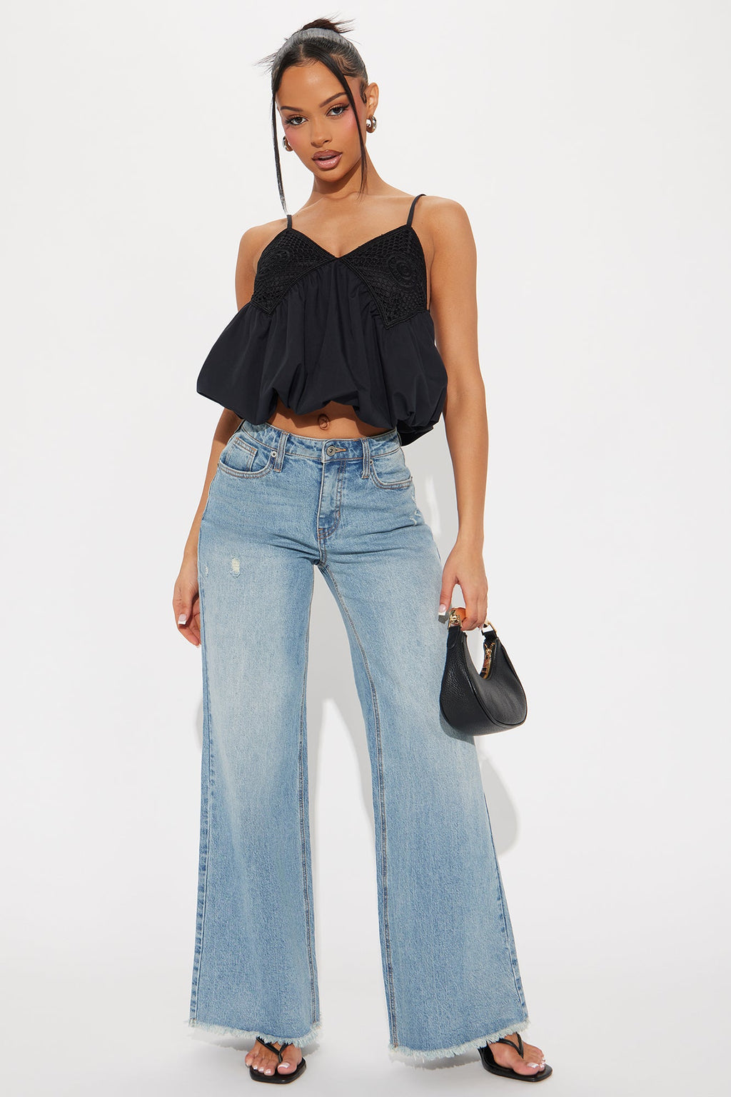 Flowers Blooming Bubble Hem Top - Black