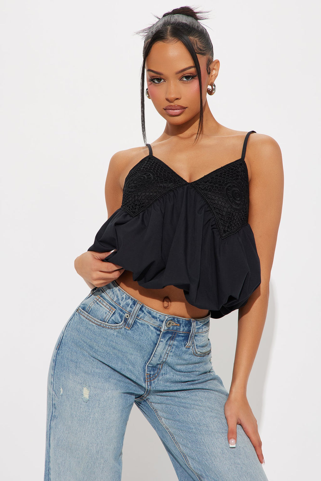 Flowers Blooming Bubble Hem Top - Black