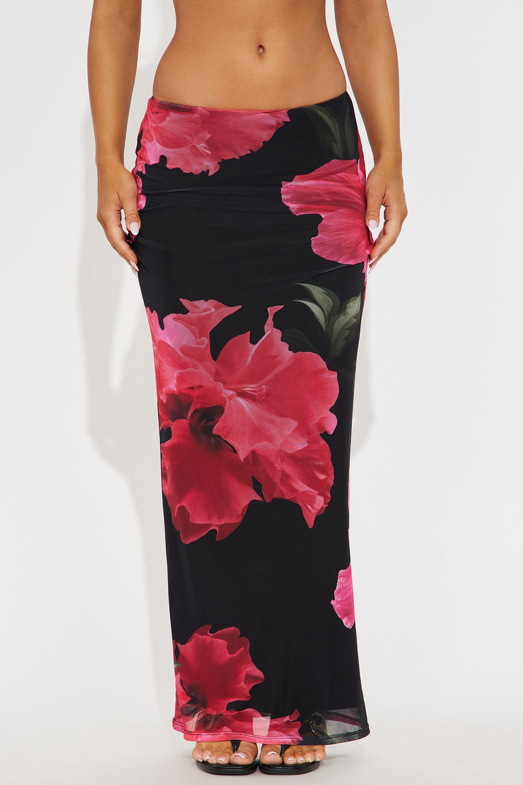 Dark Romance Floral Mesh Maxi Skirt - Black/Pink
