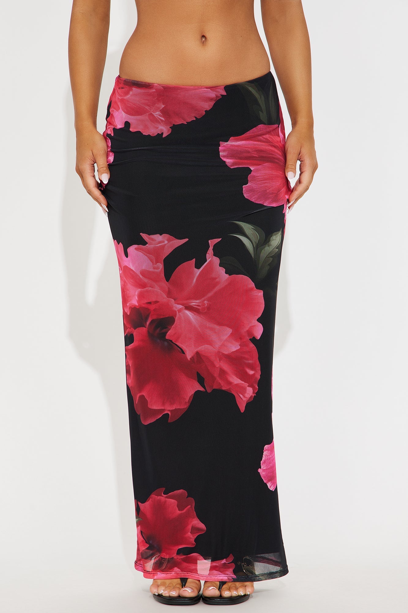 Dark Romance Floral Mesh Maxi Skirt - Black/Pink